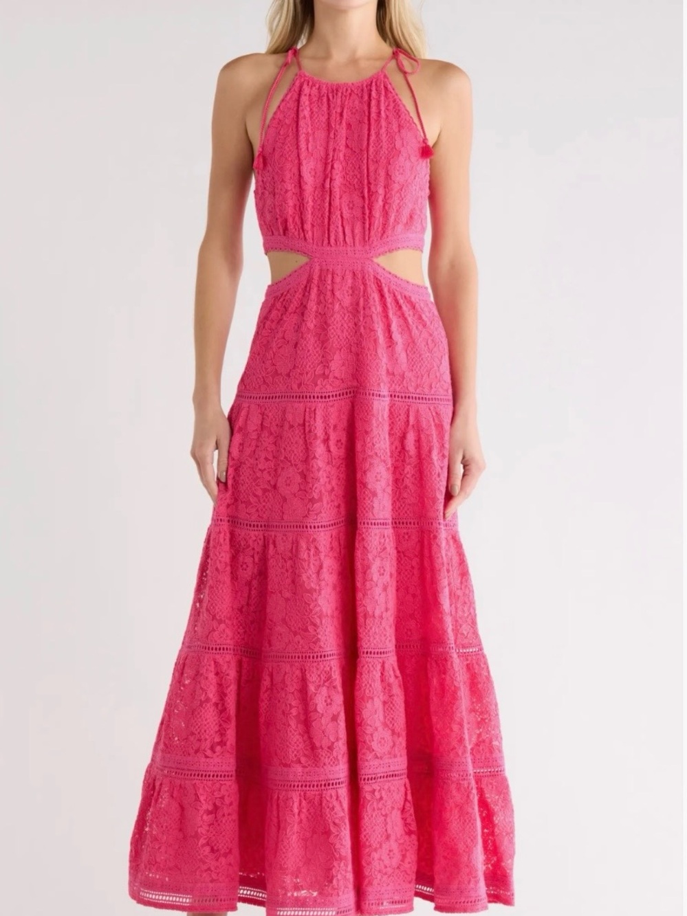 Alice + Olivia Hot Pink Lace Halter Maxi Dress with Cutouts
